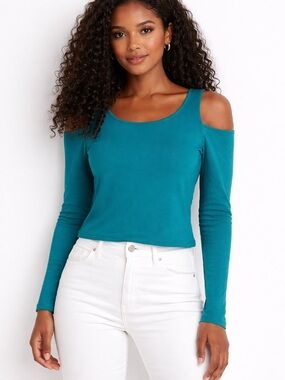belle sky Teal Cold-Shoulder Long Sleeve Top Size Small
